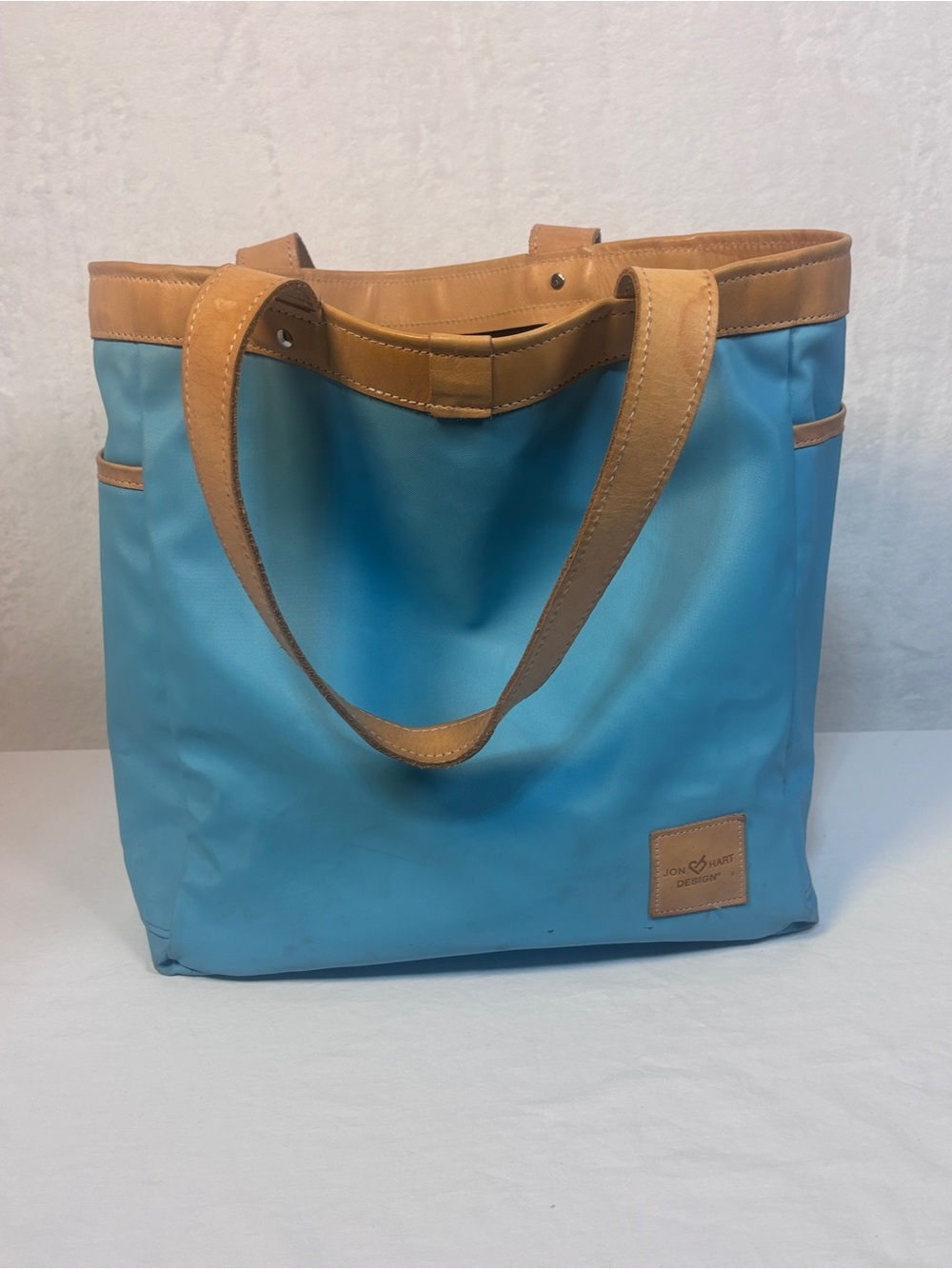 Jon Hart Design Left Bank Tote Bag Ocean Blue Tan Leather Straps MONOGRAM